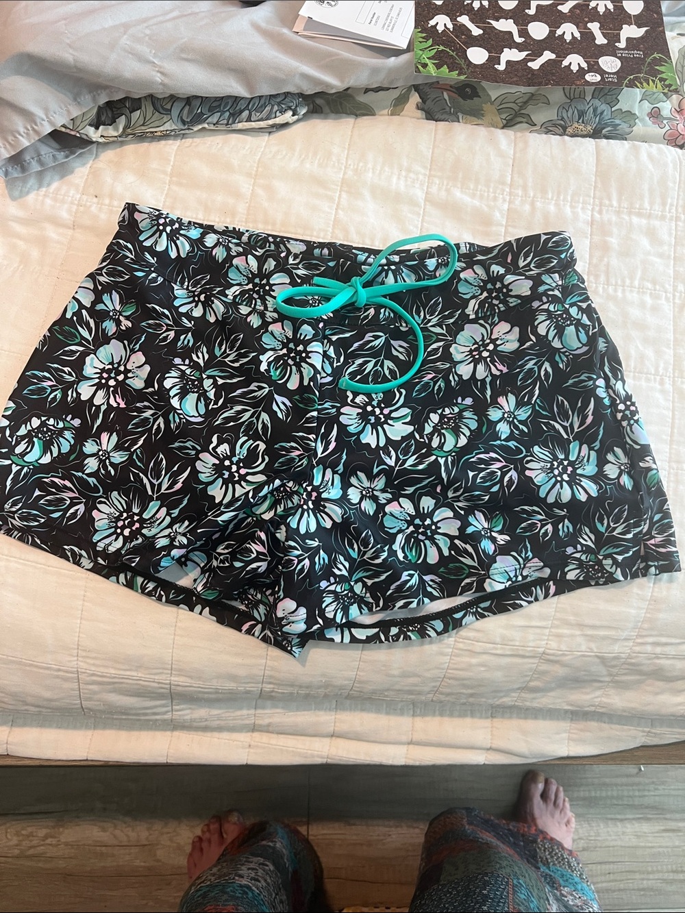 Floral Swim Shorts with Aqua Drawstring